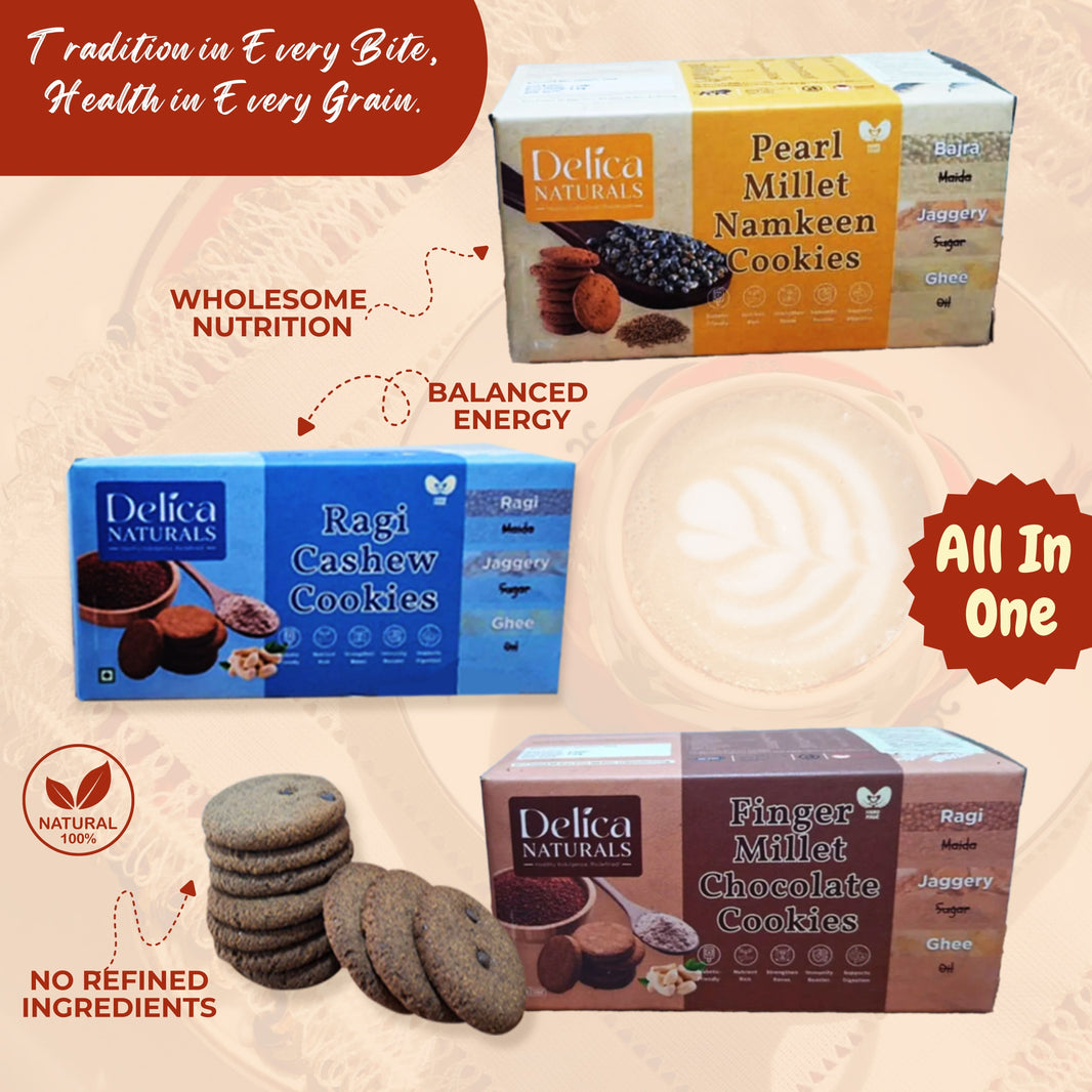 Delica Naturals Healthy Cookies Combo Pack of 3, Ragi Chocolate, Ragi Cashew Nut, Bajra Namkeen, No Maida, No Sugar, Natural Ingredients, 100 gm each – UmedMart