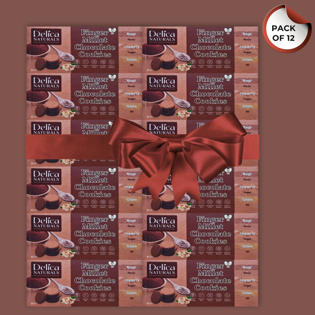DELICA NATURALS Ragi (Nachani) Chocolate Cookies, Value Pack of 12, Stri Shakti SHG, Made by Jaggery & Ghee, No Maida, No Oil, No Sugar, Pack of 100 gm