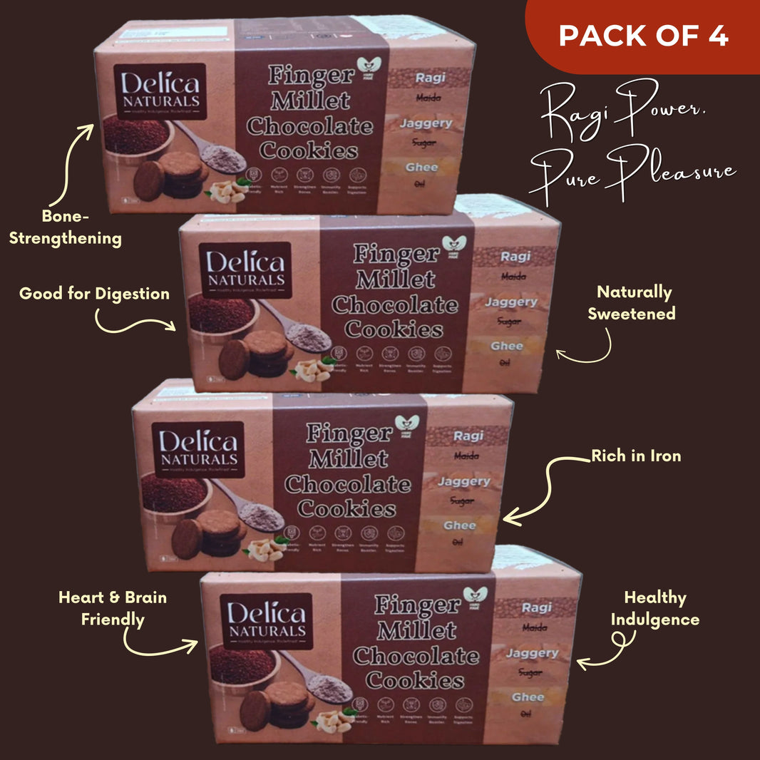DELICA NATURALS Ragi (Nachani) Chocolate Cookies, Value Pack of 4, Stri Shakti SHG, Made by Jaggery & Ghee, No Maida, No Oil, No Sugar, Pack of 100 gm each