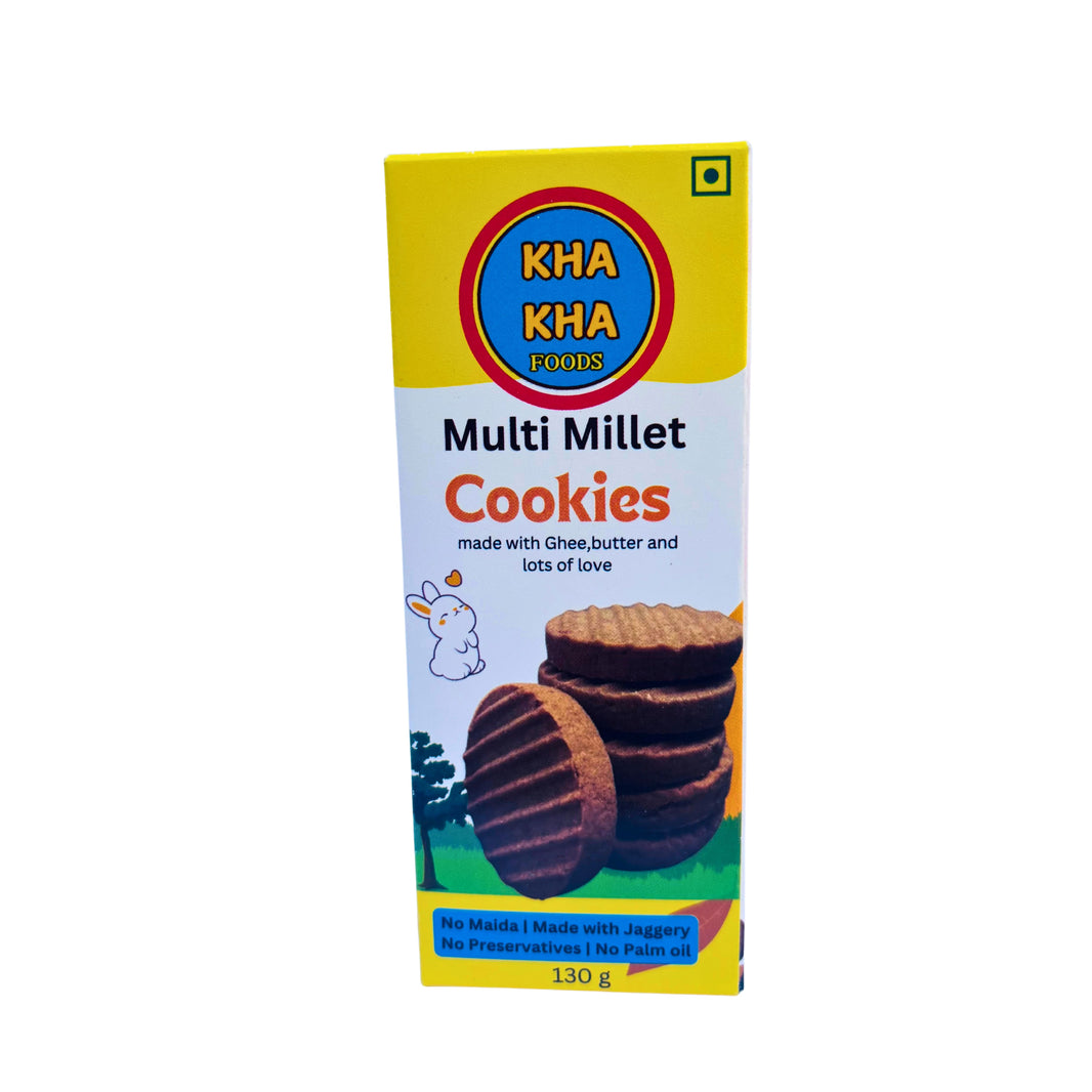 KHA KHA Foods Hand-made Multi Millet (Jowar, Nachani, Bajara) Cookies, Made by Ghee, Jaggery, Dry Fruits, Seeds, No Maida, No Artificial colour, No Preservatives Pack of 130 gm