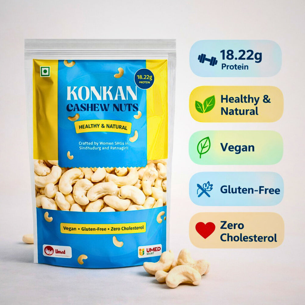 Konkan Cashew Nuts packaging with nutritional information on a white background