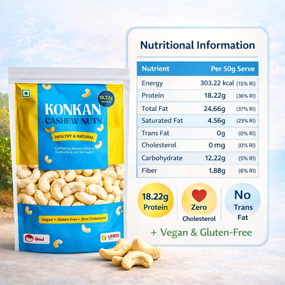 Konkan Cashew Nuts packaging with nutritional information on a clear background