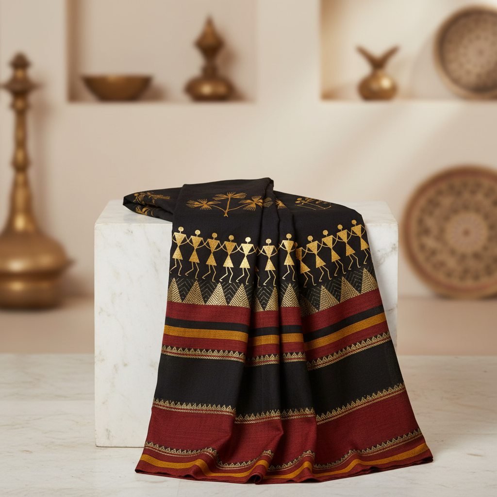 Nav Tejaswini Warli Unit FPO, Saree Warli Painting, Handpainted Tribal Art, Pack of 1,