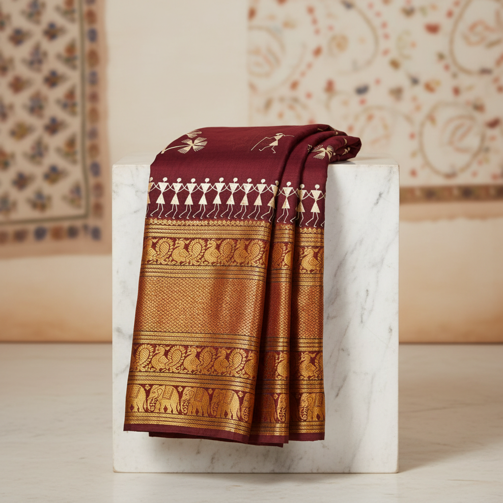 Nav Tejaswini Warli Unit FPO, Saree Warli Painting, Handpainted Tribal Art, Pack of 1,