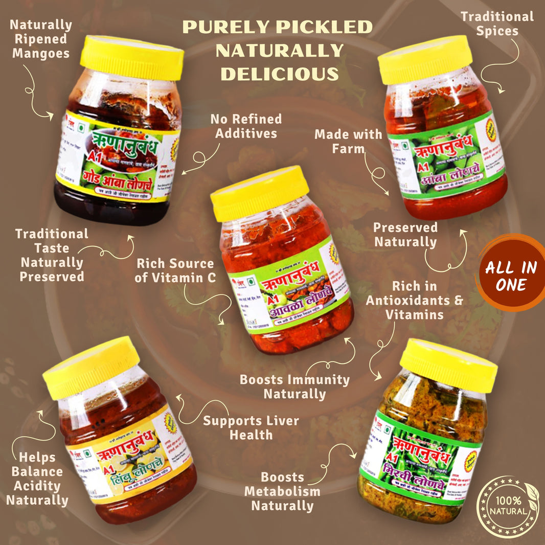 RUNANUBANDH Pickle Combo Pack of 5, Avala, Chilly, Lemon, Mango, Sweet Mango, Natural Ingredients, No Artificial Essence, 200 gm each – UmedMart