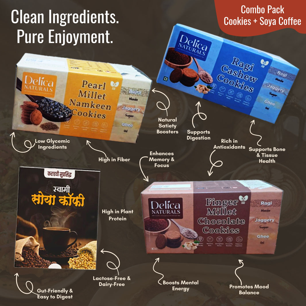 Swamy Soy Coffee & Delica Naturals Healthy Combo Pack of 4, Soy Coffee, Ragi Chocolate, Ragi Cashew Nut & Bajra Namkeen Cookies , No Maida, Natural Ingredients | UmedMart