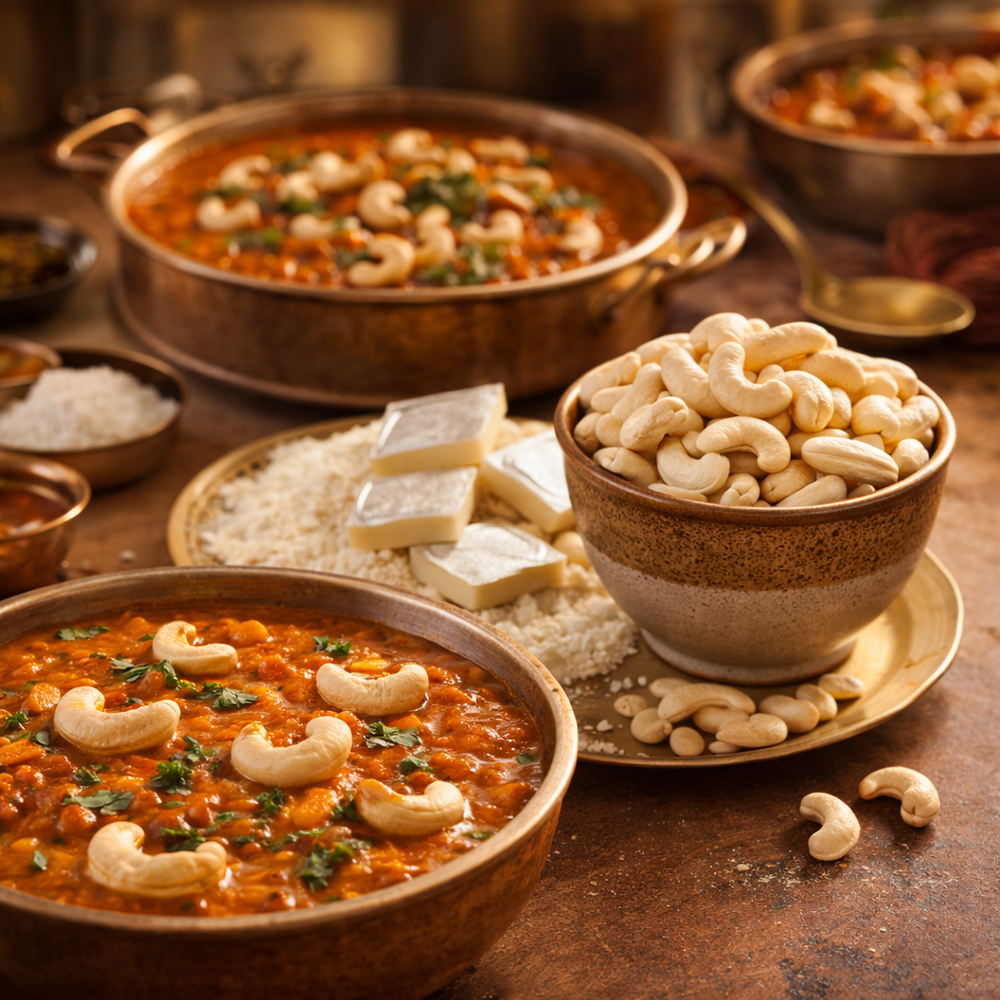 Dishes of food including cashews and a dish with nuts on a wooden table.