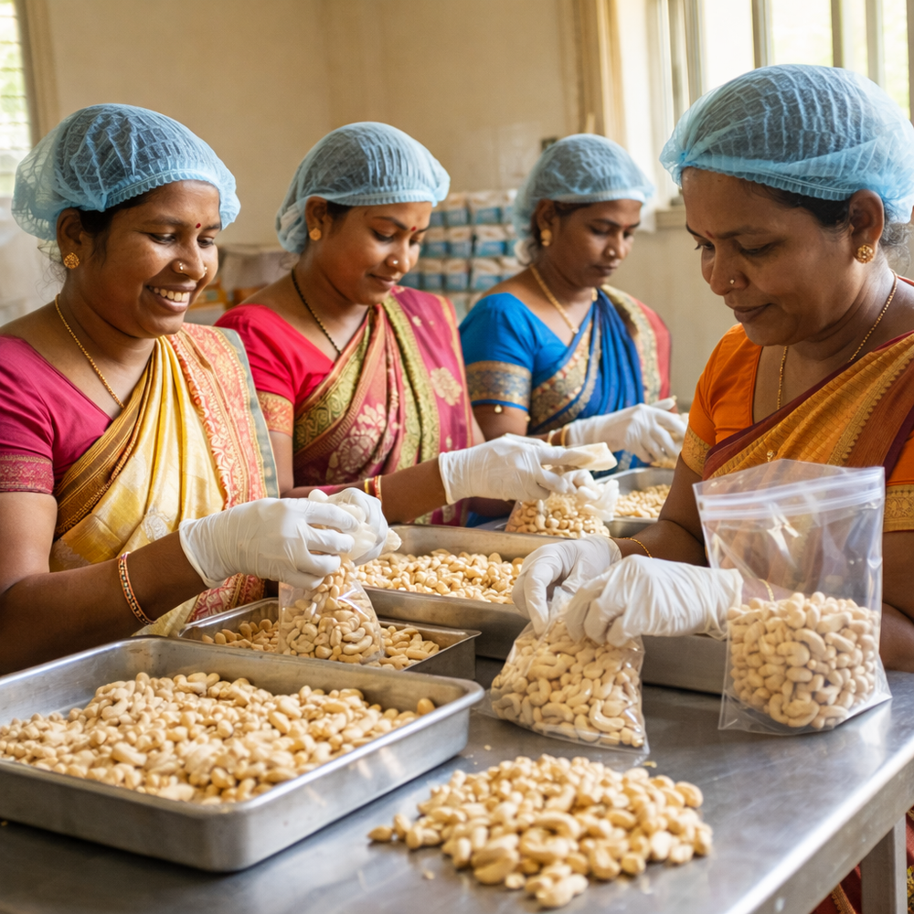Women packaging food items in a factory setting