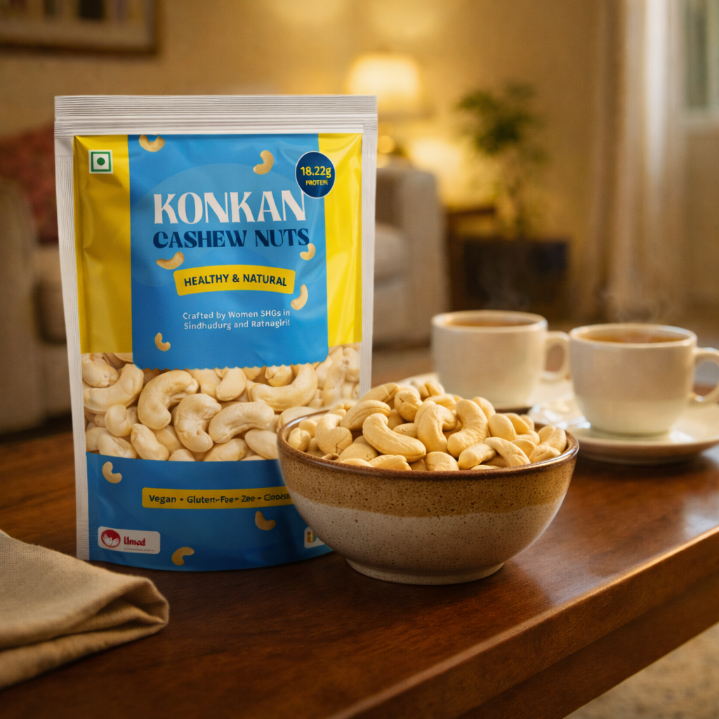 Konkan Cashew Nuts packaging with a bowl of cashews on a table.