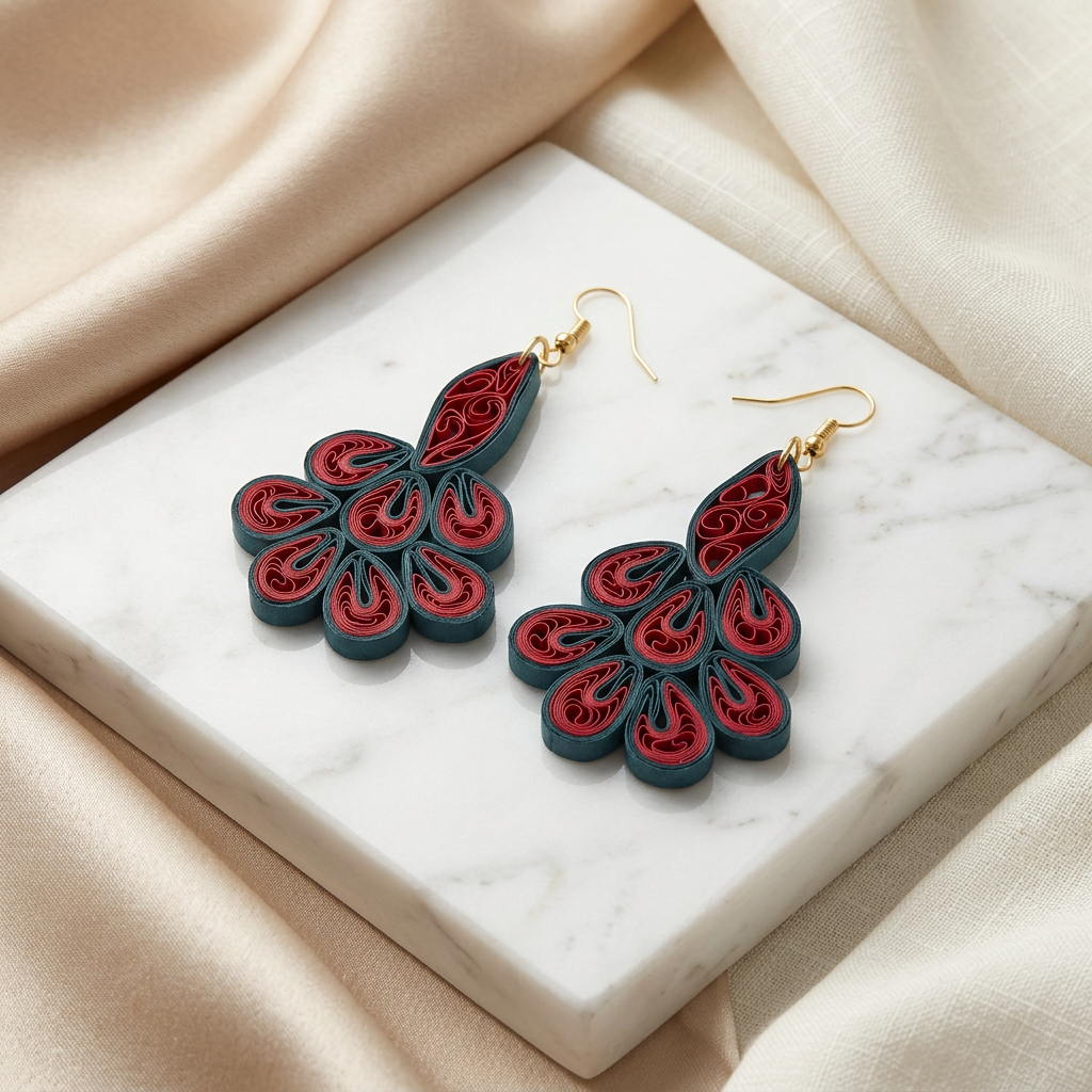 KAGDI KALA Royal Wine Red Black Mayur Earrings Pack Of 1 Pair Handcrafted Paper Quilling Peacock Inspired Ethnic Jewellery Elegant Festive Fashion Collection