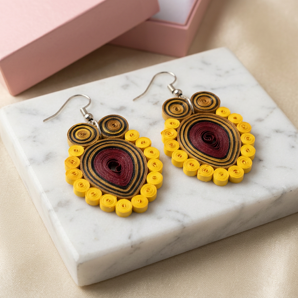 KAGDI KALA Amber Magenta Teardrops Shape Earrings Pack Of 1 Pair Handcrafted Paper Quilling Elegant Ethnic Jewellery Stylish Contemporary Fashion Collection