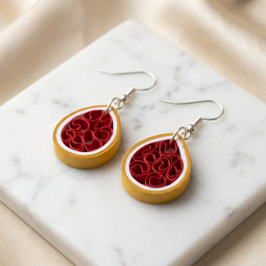 KAGDI KALA Magenta Brown Teardrops Earrings Pack Of 1 Pair Handcrafted Paper Quilling Ethnic Fashion Jewellery Elegant Contemporary Artisan Collection Premium