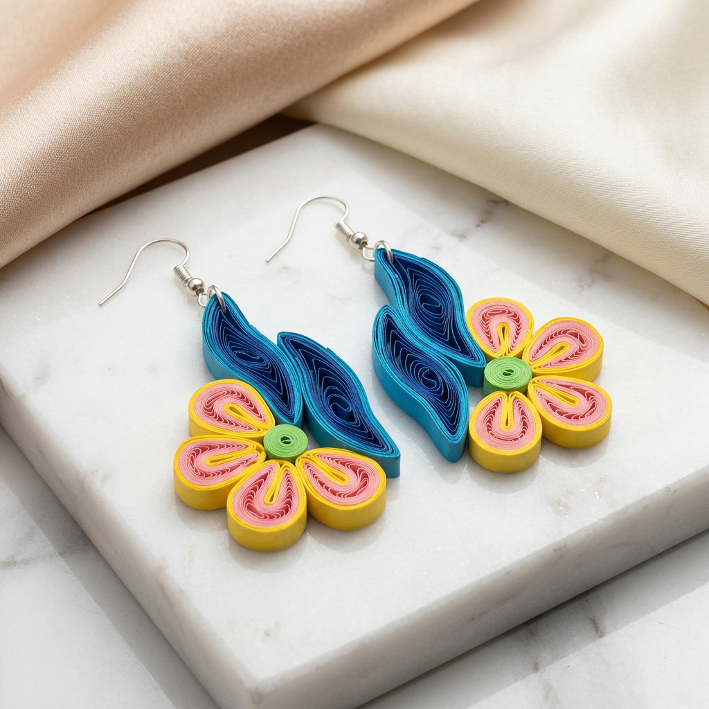 KAGDI KALA Pink Blue Floral and Leaf Earrings Pack Of 1 Pair Handcrafted Paper Quilling Ethnic Fashion Jewellery Elegant Contemporary Artisan Collection Premium