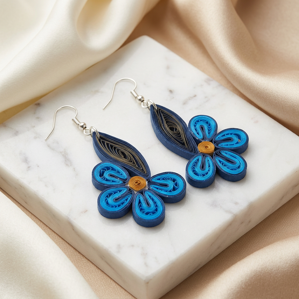 KAGDI KALA Blue Floral and Leaf Earrings Pack Of 1 Pair Handcrafted Paper Quilling Ethnic Fashion Jewellery Elegant Contemporary Artisan Collection Premium