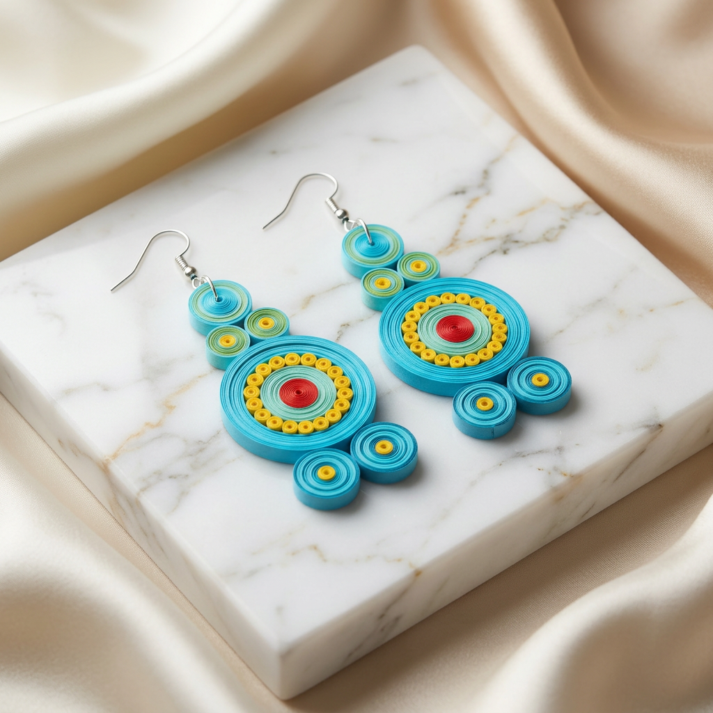 KAGDI KALA Yellow Blue Mandala Earrings Pack Of 1 Pair Handcrafted Paper Quilling Ethnic Fashion Jewellery Elegant Contemporary Artisan Collection Premium