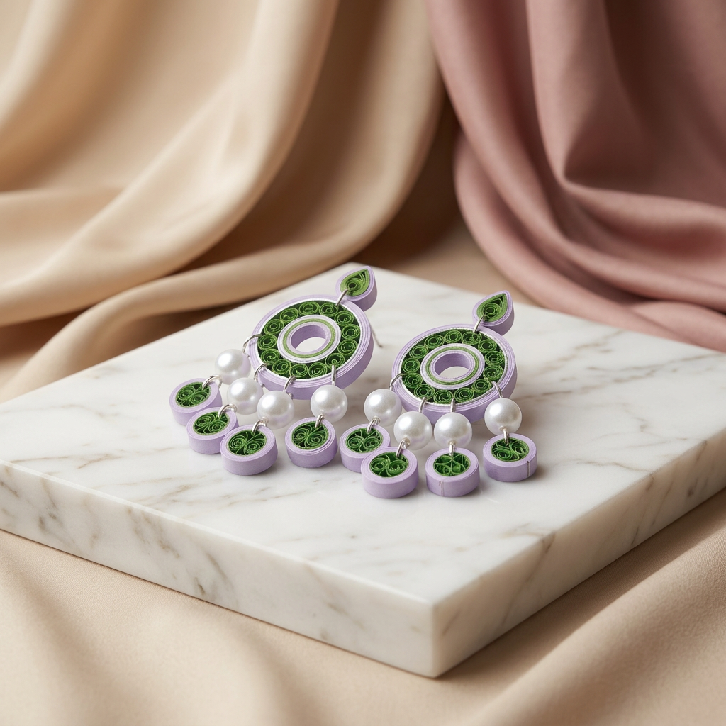 KAGDI KALA White Green Multi Circle Dangle Earrings Pack Of 1 Pair Handcrafted Paper Quilling Ethnic Fashion Jewellery Elegant Contemporary Artisan Collection Premium