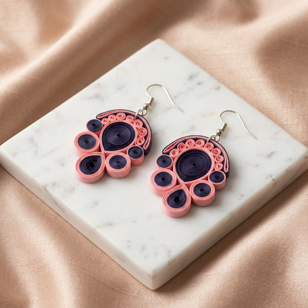 KAGDI KALA Purple and Green Floral Petals Earrings Pack Of 1 Pair Handcrafted Paper Quilling Ethnic Fashion Jewellery Elegant Contemporary Artisan Collection Premium