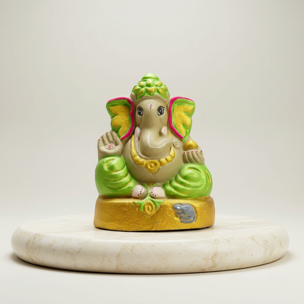 OM SAI SHG Gomai Eco-Friendly Shenacha Cow Dung Green Ganpati Statue 9 Inch Handcrafted Clay 100% Biodegradable Pack Of 1 Idol