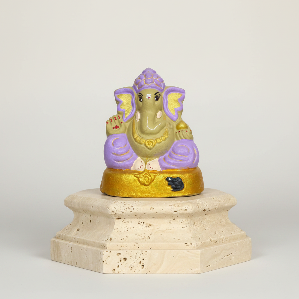OM SAI SHG Gomai Eco-Friendly Shenacha Cow Dung Lavender Ganpati Statue 9 Inch Handcrafted Clay 100% Biodegradable Pack Of 1 Idol