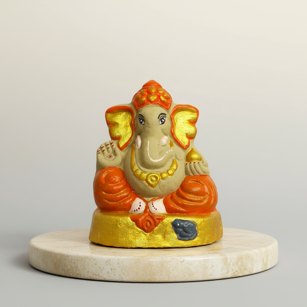 OM SAI SHG Gomai Eco-Friendly Shenacha Cow Dung Orange Gold Ganpati Statue 9 Inch Handcrafted Clay 100% Biodegradable Pack Of 1 Idol