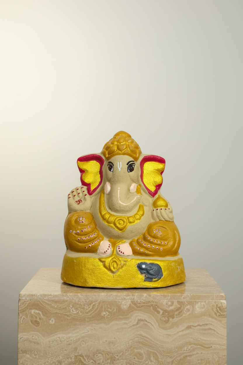 OM SAI SHG Gomai Eco-Friendly Shenacha Cow Dung Golden Ganpati Statue 9 Inch Handcrafted Clay 100% Biodegradable Pack Of 1 Idol
