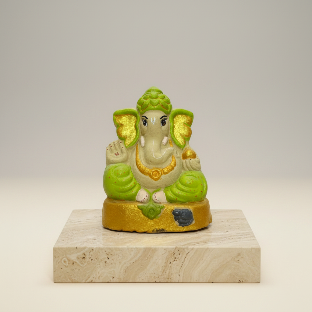 OM SAI SHG Gomai Eco-Friendly Shenacha Cow Dung Lime Green Ganpati Statue 9 Inch Handcrafted Clay 100% Biodegradable Pack Of 1 Idol