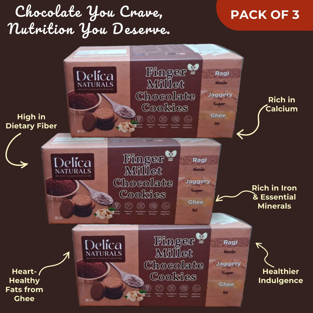 DELICA NATURALS Ragi (Nachani) Chocolate Cookies, Value Pack of 3, Stri Shakti SHG, Made by Jaggery & Ghee, No Maida, No Oil, No Sugar, Pack of 100 gm each