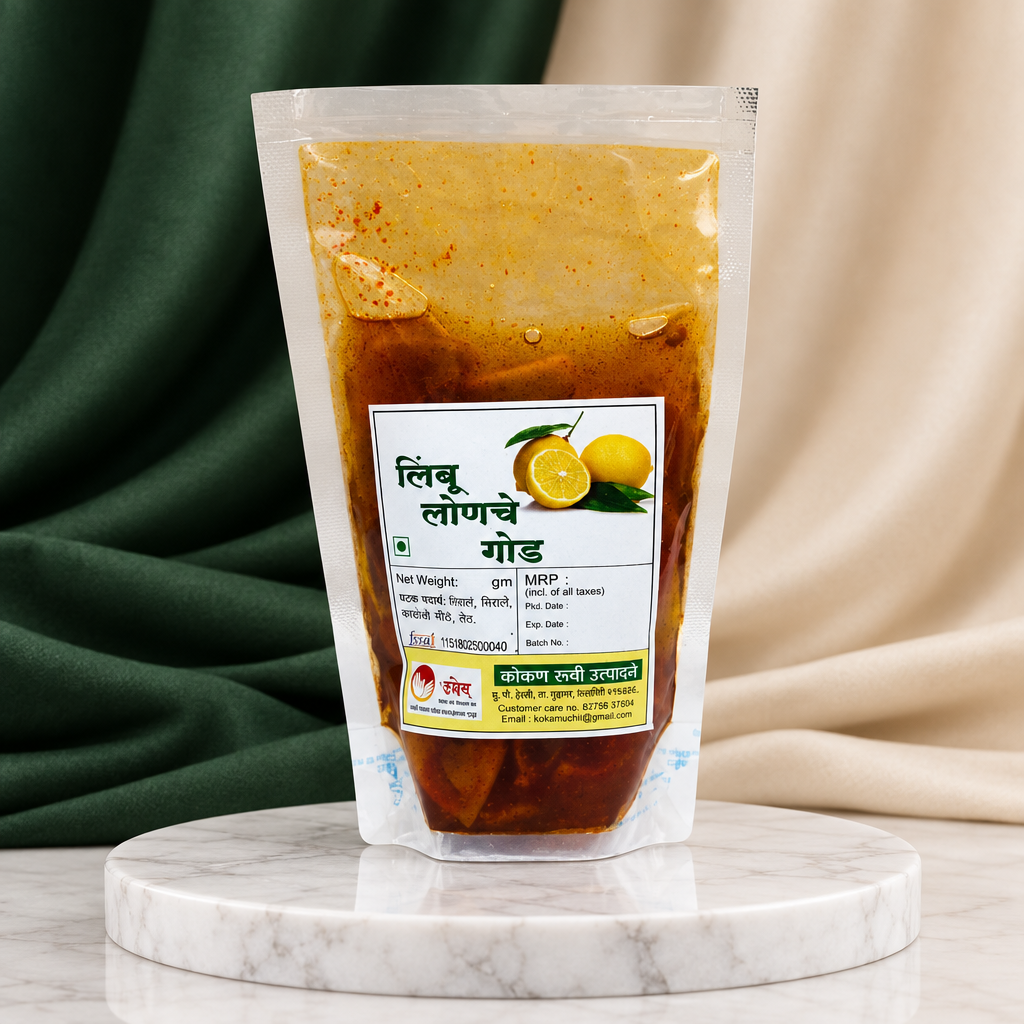 Pouch of sweet lemon pickle featured in a guide to Maharashtrian lonche