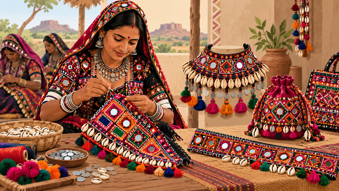 Illustration of a woman sewing colourful Banjara mirror-work textile beside cowrie-shell jewellery and tasselled bags
