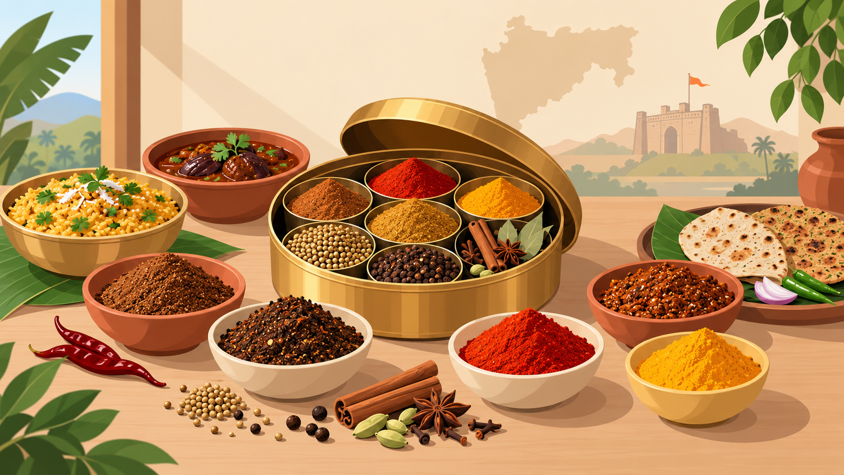 Illustration of a spice box and bowls of Maharashtrian masala blends, red chilli and turmeric