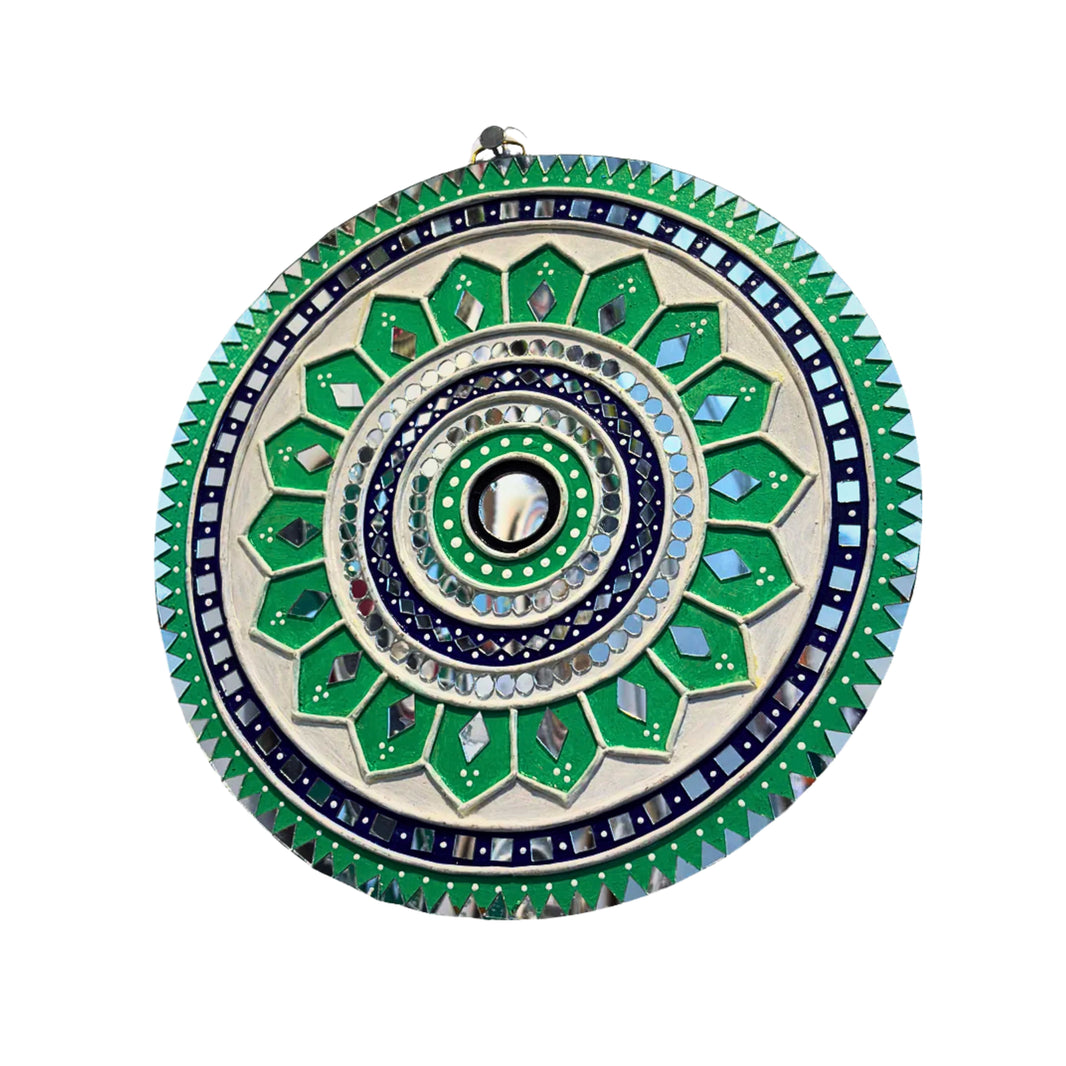 SUJATA CREATIONS Green Blue Petal Circles Lippan Art 10 Inch Round Handmade Decorative Wall Showpiece Traditional Art Pack of 1 Piece