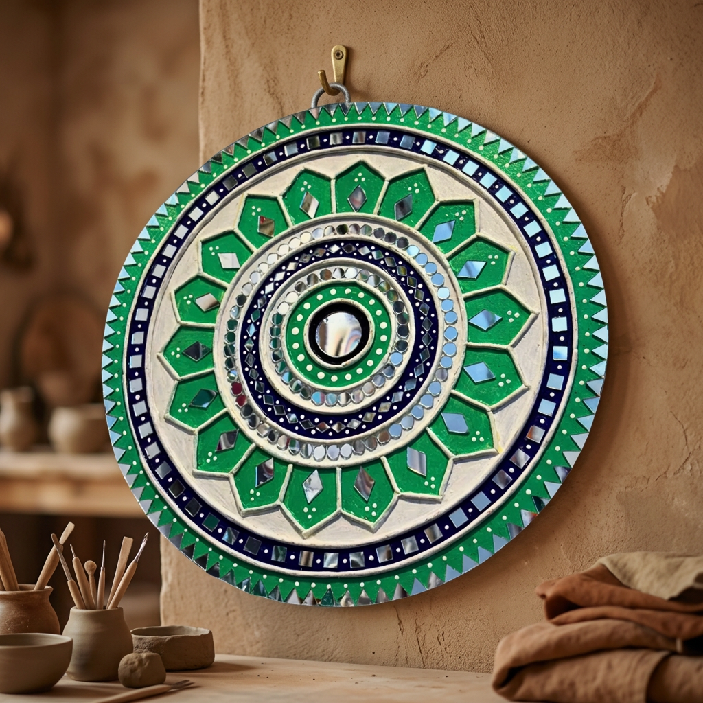 SUJATA CREATIONS Green Blue Petal Circles Lippan Art 10 Inch Round Handmade Decorative Wall Showpiece Traditional Art Pack of 1 Piece