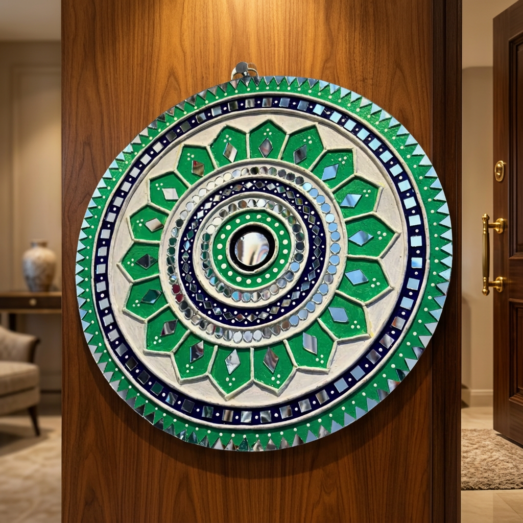 SUJATA CREATIONS Green Blue Petal Circles Lippan Art 10 Inch Round Handmade Decorative Wall Showpiece Traditional Art Pack of 1 Piece