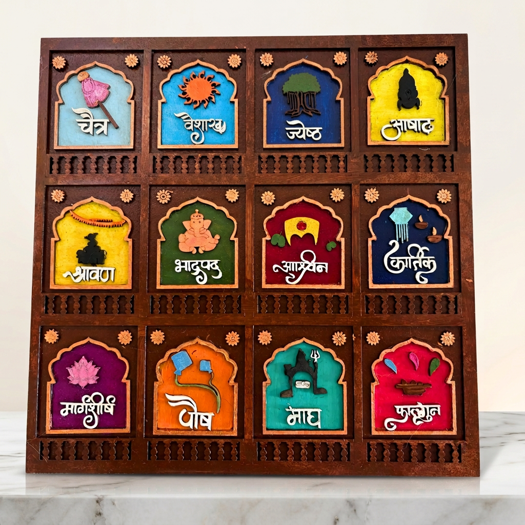 HANDCRAFTED BLISS Marathi Mahine Square Frame 12x12 Inch Traditional Wall Art Decorative Piece Cultural Home Decor Handcrafted By SHG Pack Of 1 Piece