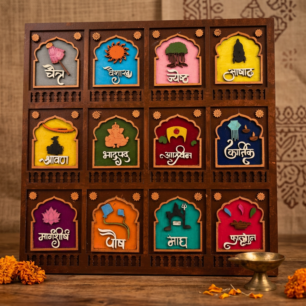 HANDCRAFTED BLISS Marathi Mahine Square Frame 15x15 Inch Traditional Wall Art Decorative Piece Cultural Home Decor Handcrafted By SHG Pack Of 1 Piece