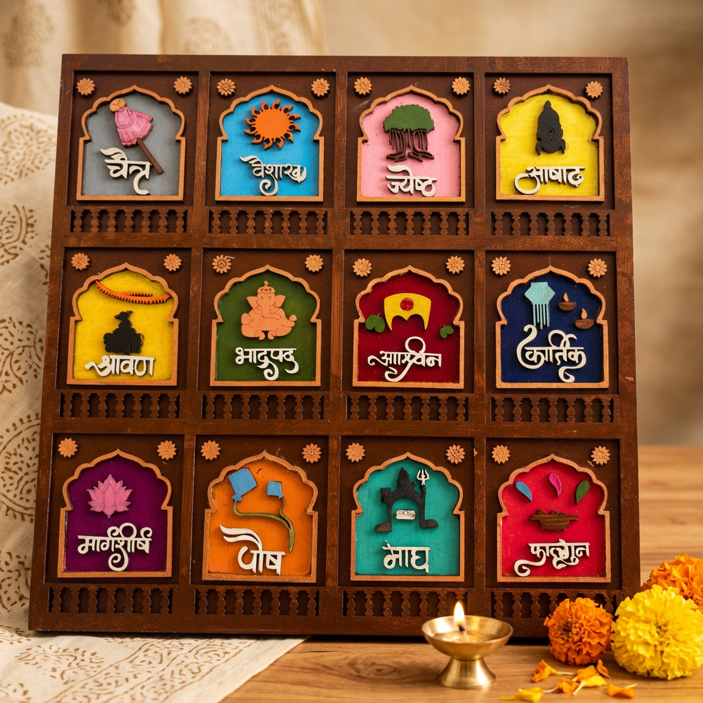 HANDCRAFTED BLISS Marathi Mahine Square Frame 12x12 Inch Traditional Wall Art Decorative Piece Cultural Home Decor Handcrafted By SHG Pack Of 1 Piece