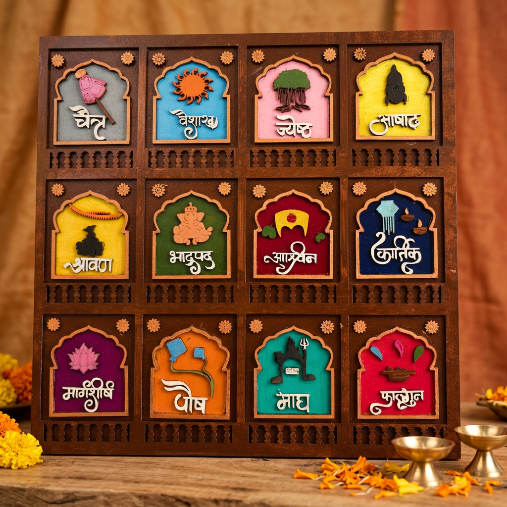 HANDCRAFTED BLISS Marathi Mahine Square Frame 18x18 Inch Traditional Wall Art Decorative Piece Cultural Home Decor Handcrafted By SHG Pack Of 1 Piece