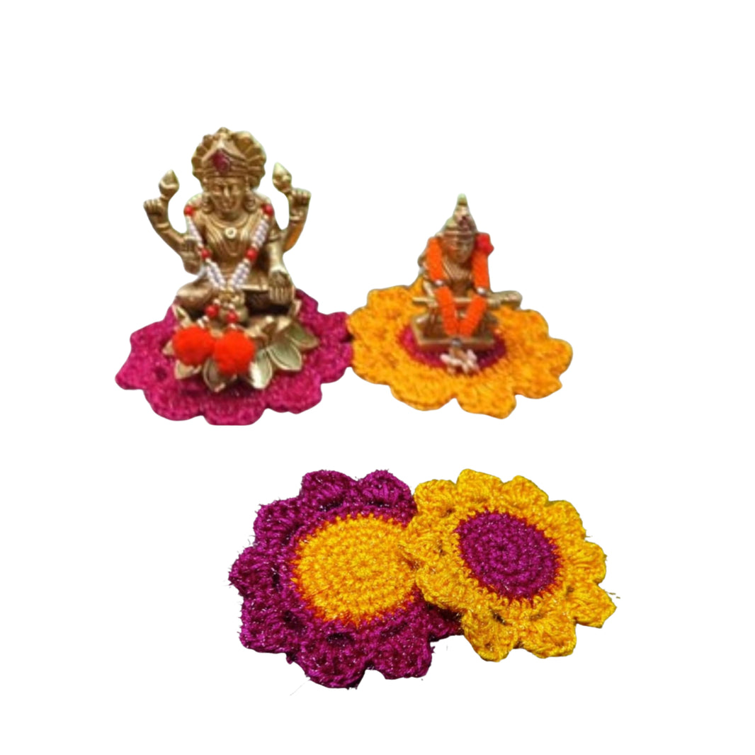 MORAYA Pink & Yellow Velvet Pooja Aasan for God Idol/Chowki Aasan, Kapda Cloth for Puja, Shelf Home Mandir, God Idol Sitting and Temple, Large, Rukhamini SHG, Pack Of 1