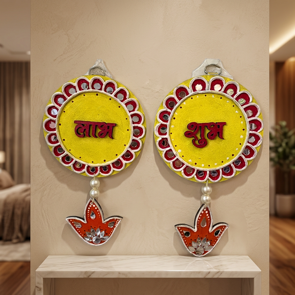 SUJATA CREATIONS Shubh Labh Hanging 4x8 Inch Traditional Auspicious Wall Hanging Entrance Door Home Decor Pack of 1 Piece