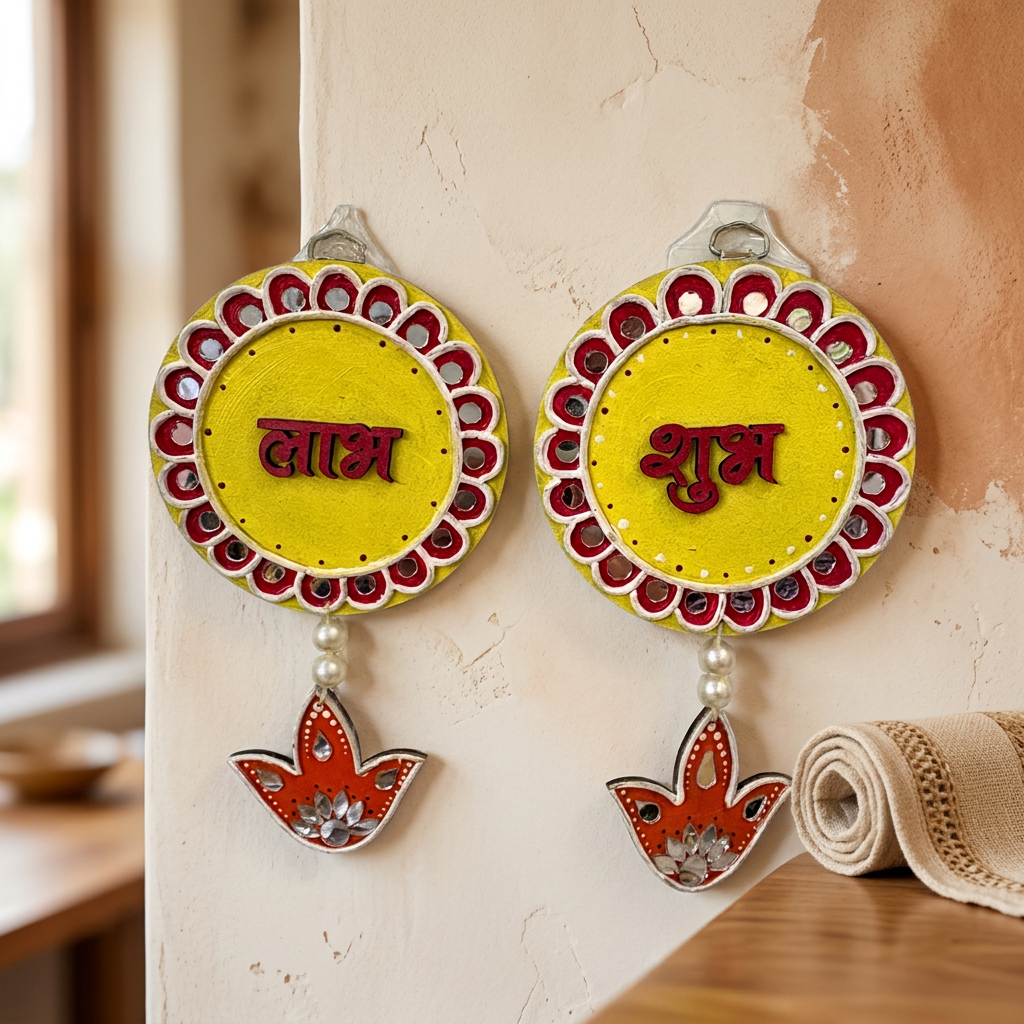 SUJATA CREATIONS Shubh Labh Hanging 4x8 Inch Traditional Auspicious Wall Hanging Entrance Door Home Decor Pack of 1 Piece