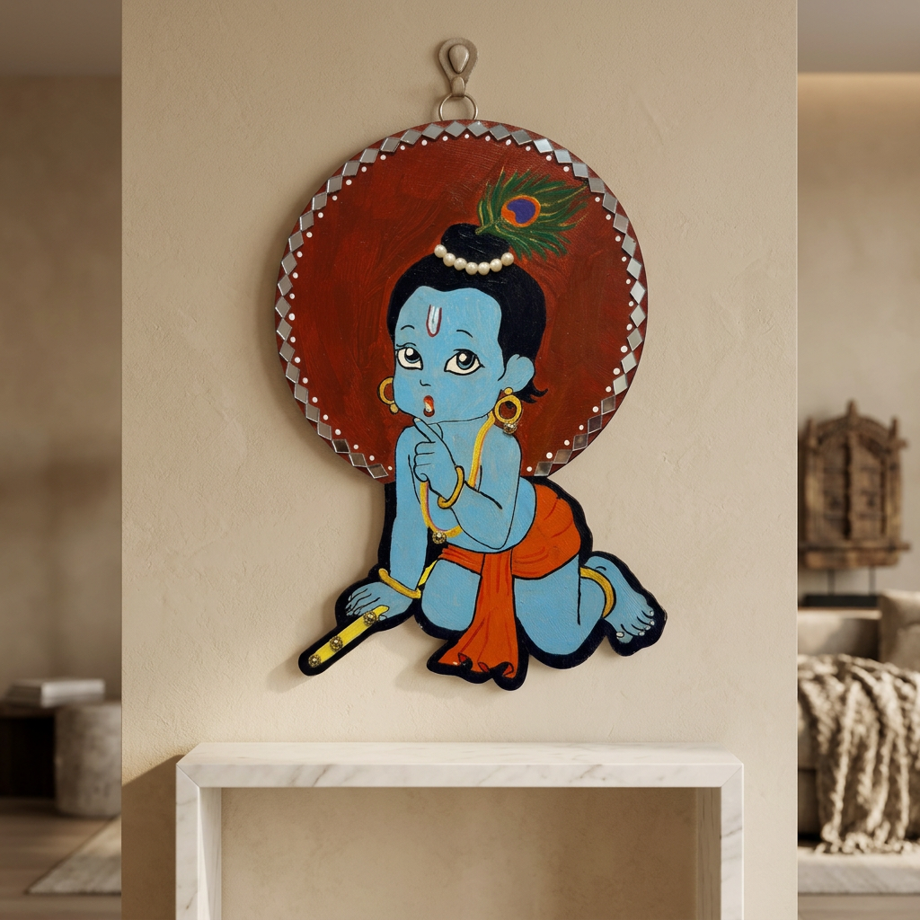 SUJATA CREATIONS Little Krishna Hanging 7x5 Inch Handmade Devotional Wall Hanging Spiritual Home Decor Pack of 1 Piece