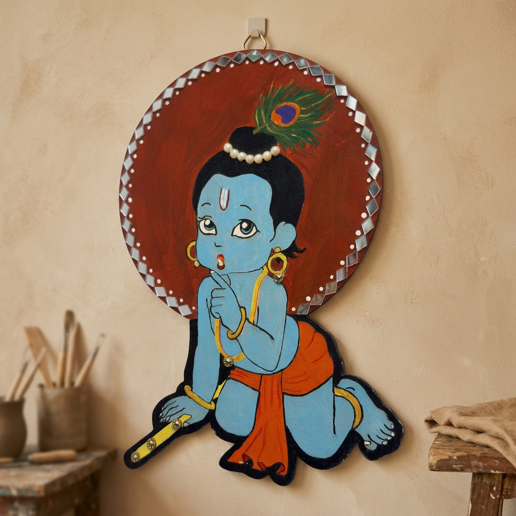 SUJATA CREATIONS Little Krishna Hanging 7x5 Inch Handmade Devotional Wall Hanging Spiritual Home Decor Pack of 1 Piece