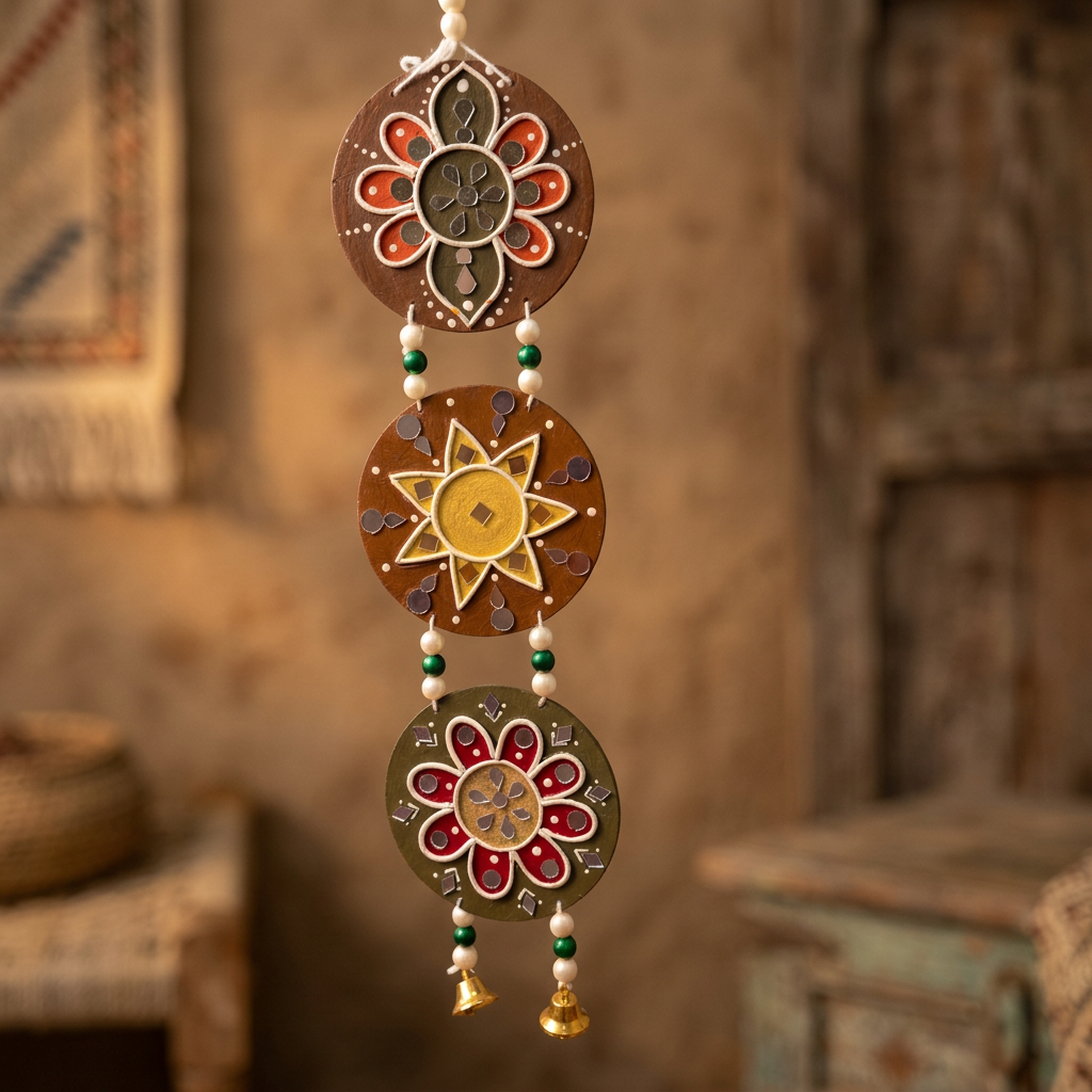 SUJATA CREATIONS Three Round Brown Hanging 4x17 Inch Handmade Decorative Latkan Wall Hanging Home Decor Pack of 1 Piece
