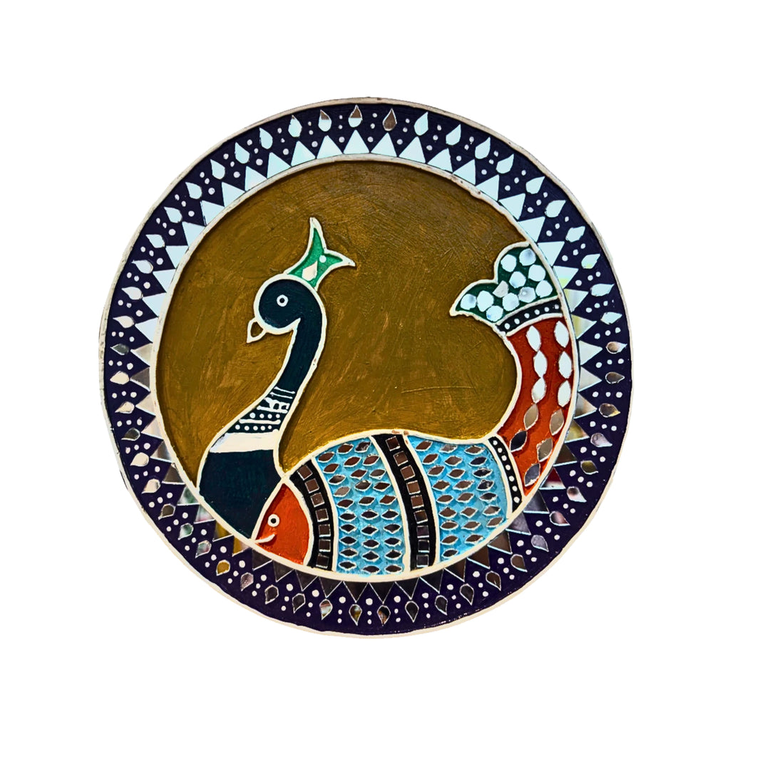 SUJATA CREATIONS Two Mor Yellow Frame Lippan Art 12 Inch Round Handmade Decorative Wall Showpiece Ethnic Home Decor Pack of 1 Piece