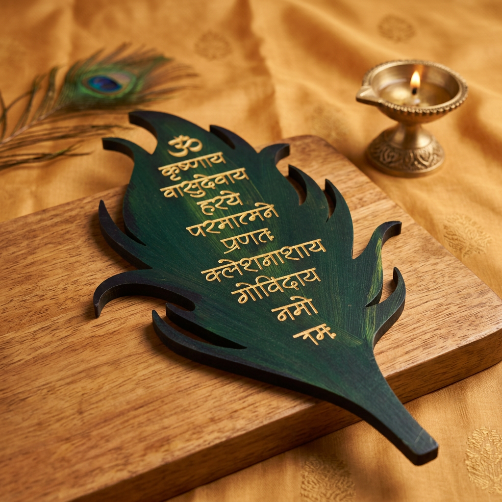 HANDCRAFTED BLISS Krishna Mantra Mor Pankha Wall Decor 10x6 Inch Spiritual Leaf Design Decorative Piece Cultural Home Art Handcrafted By SHG Pack Of 1 Piece