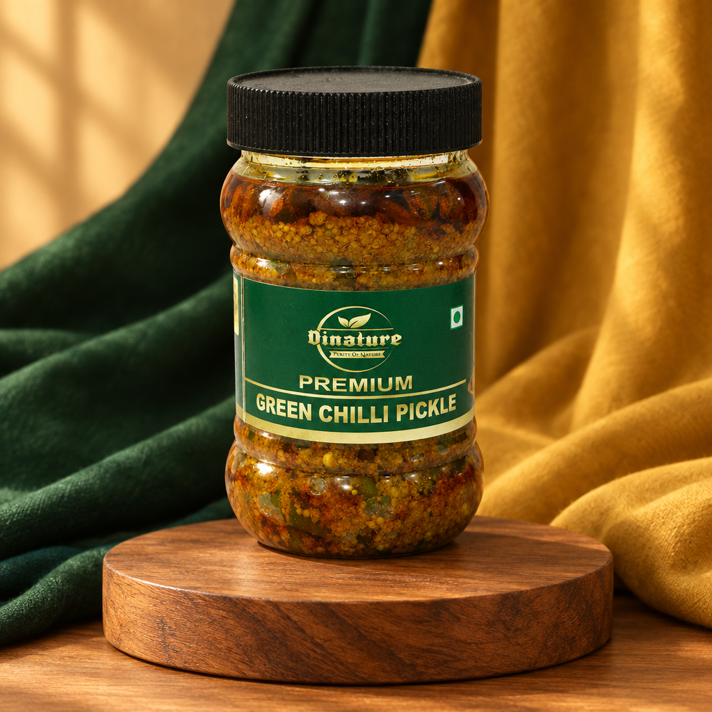 DINATURE, Green Chilli Pickle, Spicy, Handmade Pickle, Natural Ingredient, No Artificial Essence, Pack of 200 gm