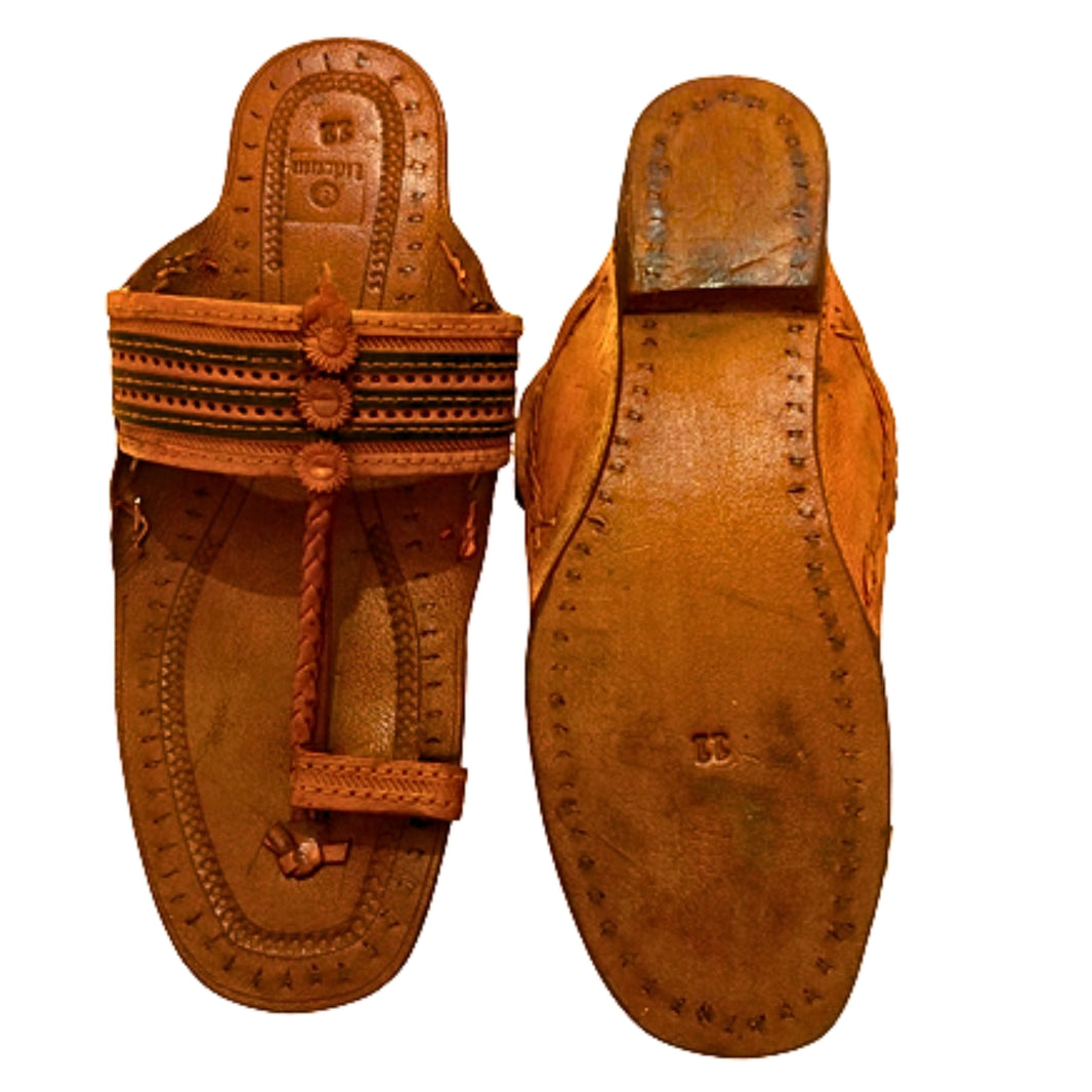 LIDCOM B Design Kolhapuri Chappal GI Tag Genuine Leather Handcrafted Tan Pack of 1