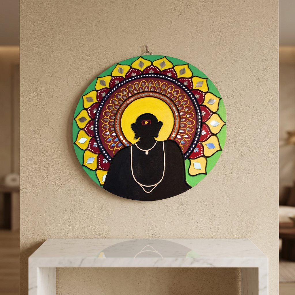 SUJATA CREATIONS Green Square Flower Red Circle Lippan Art 8x8 Inch Handmade Decorative Wall Showpiece Traditional Art Pack of 1 Piece