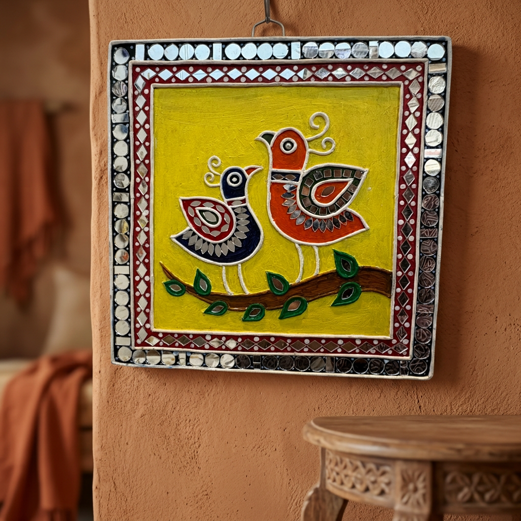 SUJATA CREATIONS Square Frame Two Birds Lippan Art 8x8 Inch Handmade Decorative Wall Showpiece Traditional Art Pack of 1 Piece