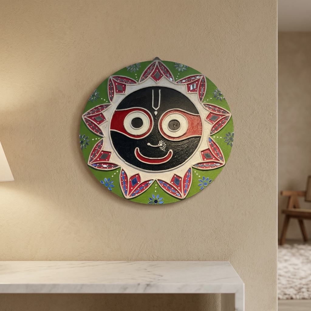 SUJATA CREATIONS Green Jay Jagannath Lippan Art 10 Inch Round Handmade Devotional Wall Showpiece Spiritual Home Decor Pack of 1 Piece